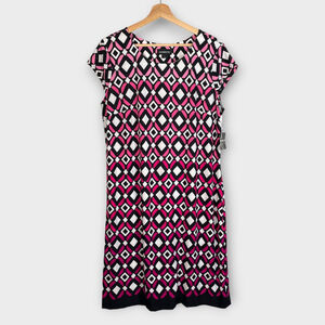 Liz Claiborne Shift Dress LARGE Geometric Pink Black Stretch Mod Retro NEW